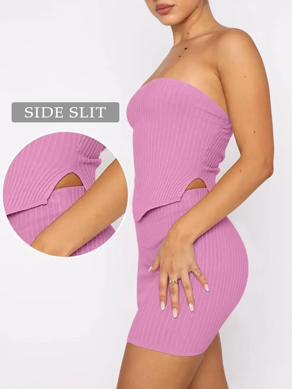 Women's Pink Viscose Strapless Crop Top With Skirt Mini Club Bodycon Dress